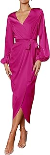 Photo 1 of  Women's Fall Midi Dress Long Puff Sleeve Wrap V Neck Flowy Ruffle Pleated