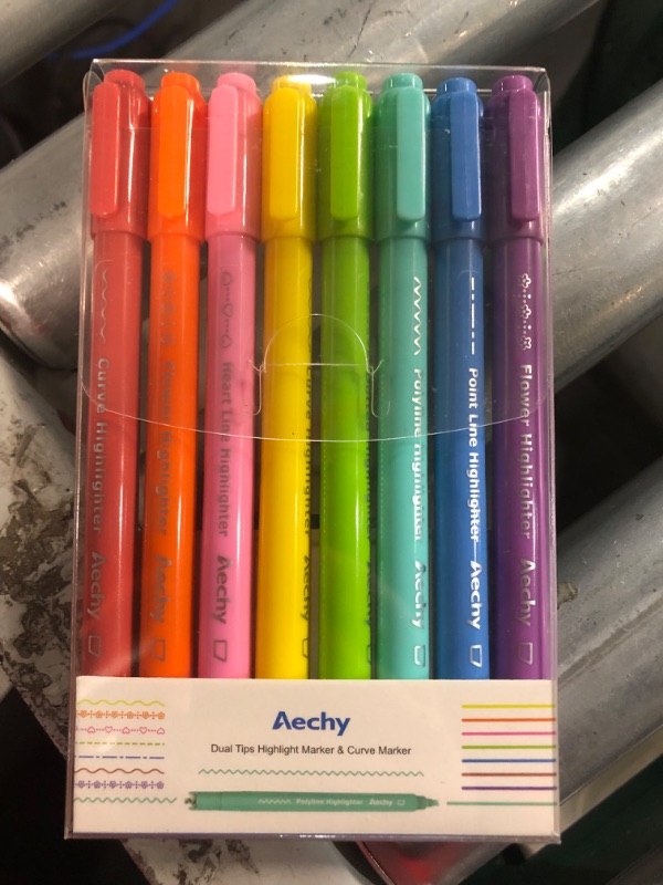 Photo 2 of AECHY 8PCS Curve Highlighter Pen Set, Dual Tip Marker Pens with 6 Different Curve Shapes & 8 Colors Mark Lines