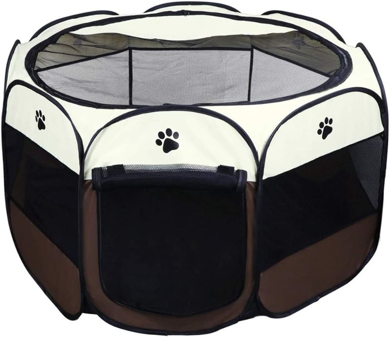 Photo 1 of Foldable Pet Tent 8-Panel Mesh House Puppy Playpen Kennel for Dog Cat Rabbit (91*91*58cm, Brown)