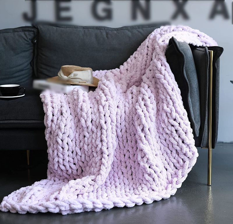 Photo 1 of Chunky Knit Blanket Throw Chenille Knitted Yarn Throw Blanket for Couch & Bed Fall Decor Large Soft Comfy Cable Blankets & Throws Purple Lavender 50"x60"