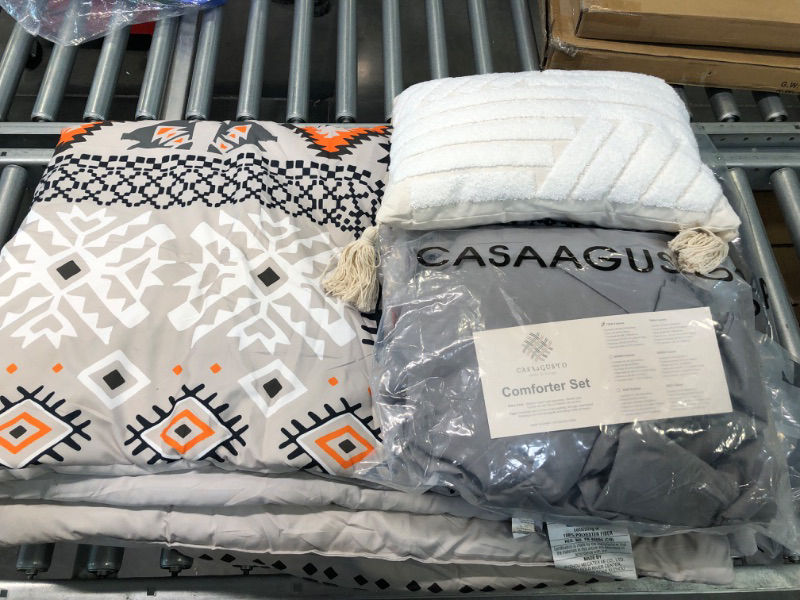 Photo 3 of CASAAGUSTO Queen Comforter Set, 8 Pieces Gray Orange Boho Comforter Set, Microfiber Cozy Bohomian Bedding Set with Decor Pillow, Lightweight Breathable for All Seasons