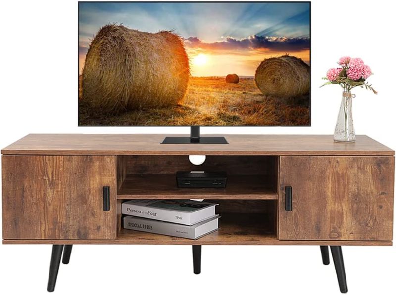 Photo 1 of Iwell Mid-Century Modern TV Stand for 55 Inch TV, Entertainment Center TV Console with 2 Storage Cabinet and Shelves, TV Stand for Living Room/Bedroom, Rustic Brown