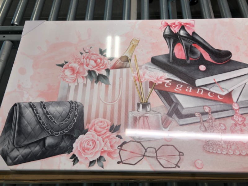 Photo 1 of Kalormore Pink Fashion Accessories for Woman Picture Poster High Heel Shoes Pearl Crown Handbag Perfume Canvas Prints Large 48"x20" Artwork for Girl Bedroom Makeup Room Wall Decoration