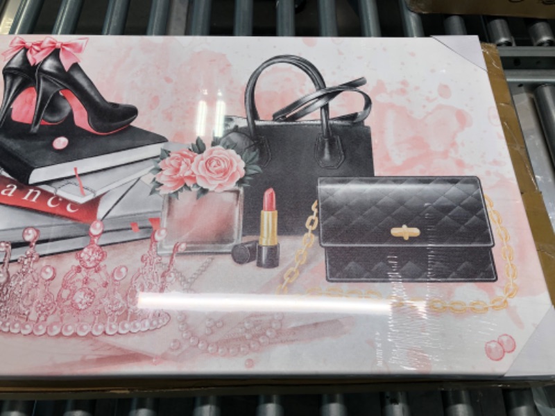 Photo 1 of Kalormore Pink Fashion Accessories for Woman Picture Poster High Heel Shoes Pearl Crown Handbag Perfume Canvas Prints Large 48"x20" Artwork for Girl Bedroom Makeup Room Wall Decoration