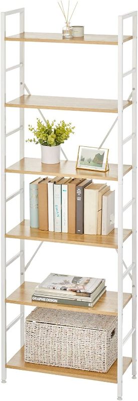 Photo 1 of Industrial Metal and Wood 5 Tier Bookshelf, Tall Modern Etagere Bookcase Shelving Furniture Unit for Books, Plants, Pictures, Rustic Storage for Bedroom, Living Room, or Office, White/Oak - 67.5X24.6X2.56 INCH/ 171.5X62.5X6 cm