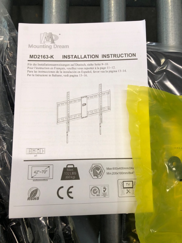 Photo 3 of Mounting Dream TV Mount Fixed for Most 42-70 Inch Flat Screen TVs, UL Listed TV Wall Mount Bracket up to VESA 600 x 400mm and 13