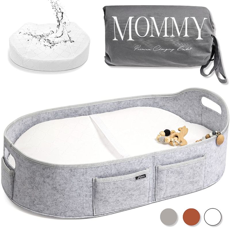 Photo 1 of Baby Changing Basket with Contoured Foam Pad - Wipeable Waterproof Cover - Changing Pad Topper for Dresser/Table, Living Room, Portable, Moses Basket, Gray, J&JOO… (Gray)