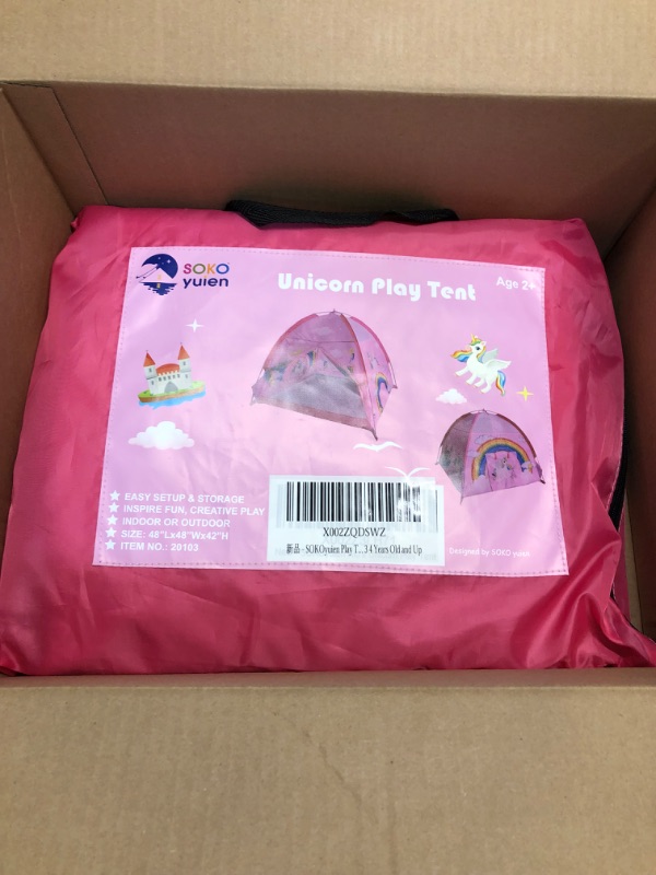 Photo 1 of SOKOyuien Play Tent for Kids, Unicorn Tent,Princess Castle Tent Indoor Outdoor Playhouse Tent for Boys Girls, for Kids &Toddlers 2 3 4 5 Years Old and Up