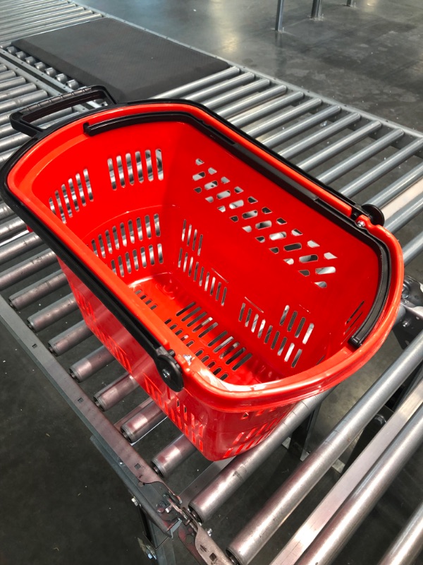 Photo 4 of 8 Pcs 35L Shopping Basket with Wheels Shopping Cart Retail Shopping Baskets Carts Grocery Baskets with Handles Plastic Shopping Carts for Retail Store Shopping (Red)