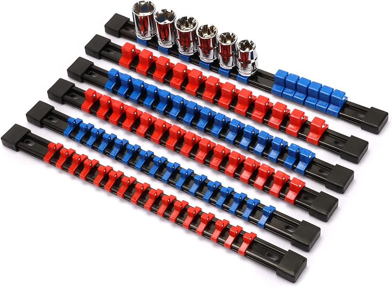 Photo 1 of  6PCS ABS Socket Organizer, 1/4", 3/8", 1/2", Premium Quality Socket Holders, Blue&Red Clips