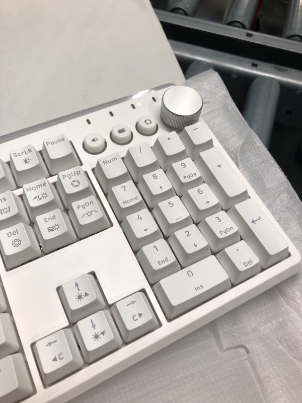 Photo 1 of i-rocks K71M RGB Mechanical Gaming Keyboard with Media Control Knob, Gateron Switches (Red), 104 Keys w/Full NKRO, PBT Keycaps, Multimedia Hotkeys, Detachable USB-C Cable and Onboard Storage, White Gateron Switches (Red) White