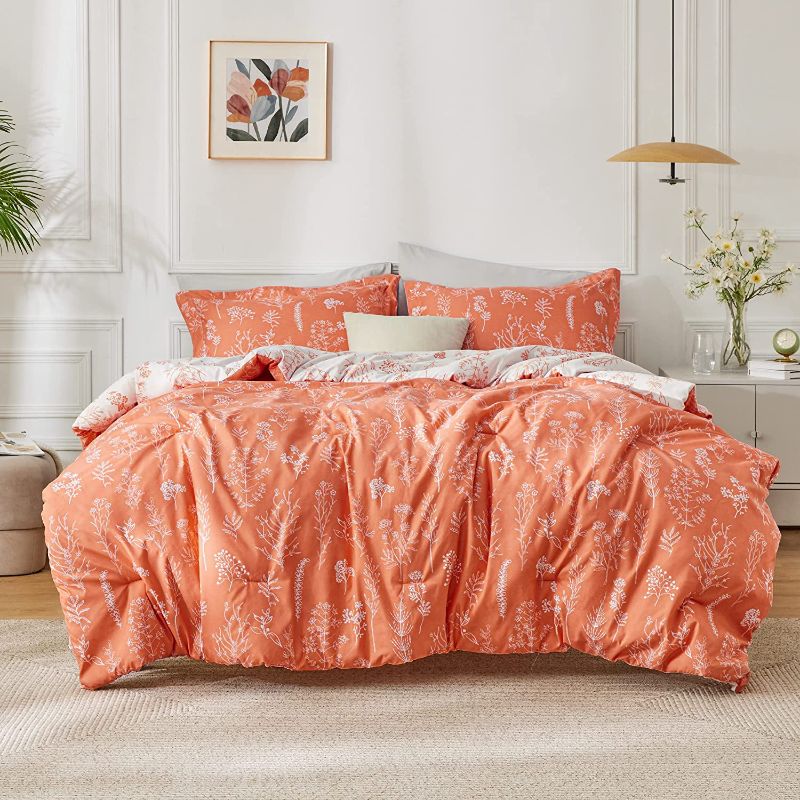 Photo 1 of Bedsure King Bed Comforter Set - Reversible Floral Coral Orange White Bedding Co
