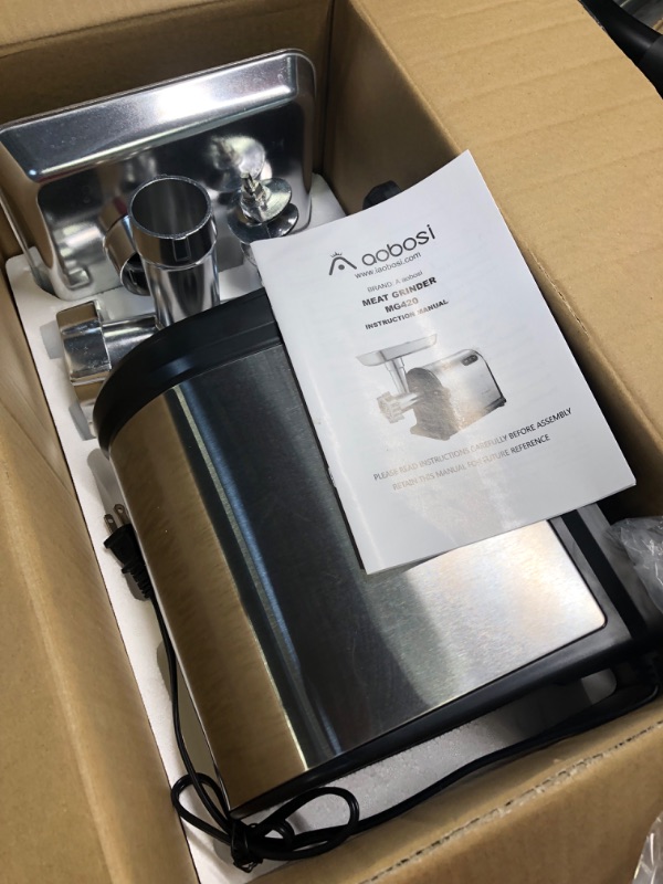 Photo 4 of AAOBOSI Electric Meat Grinder ?3000W Max ?Heavy Duty Stainless Steel Meat Mincer with 3 Grinding Plates, 3 Sausage Stuffer Tubes & Kubbe Attachments,Easy One-Button Control silver+black