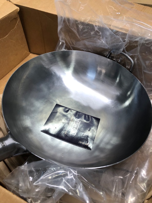 Photo 5 of YOSUKATA Silver Round Bottom Wok Pan – 14" Woks and Stir Fry Pans - Chinese Hammered Pow Wok Carbon Steel Wok - Traditional Chinese Japanese Woks - Carbon Steel Cooking Wok (14", Silver) 14" Silver