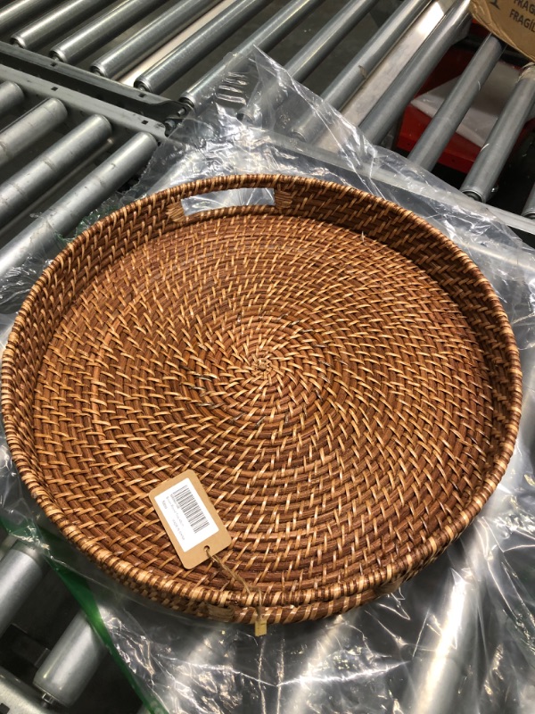 Photo 3 of 16.9 inch Rattan Tray, Round Wicker Tray with Cut-Out Handles, Woven Serving Tray for Dining/Coffee Table 16.9 inch (43cm)