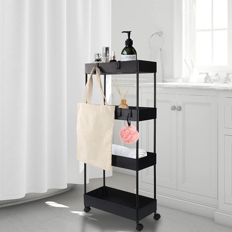 Photo 1 of 4 Tier Rolling Storage Cart with Wheels, Utility Rolling Cart Bathroom Storage Cart, Multifunctional Slide Out Slim Storage Cart with Hooks for Kitchen, Coffee Bar, Bathroom, Office, Black