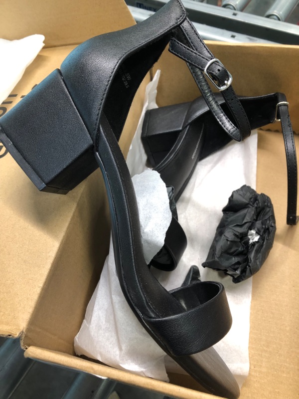 Photo 4 of Amazon Essentials Women's Two Strap Heeled Sandal 8.5 Wide Black, Faux Leather