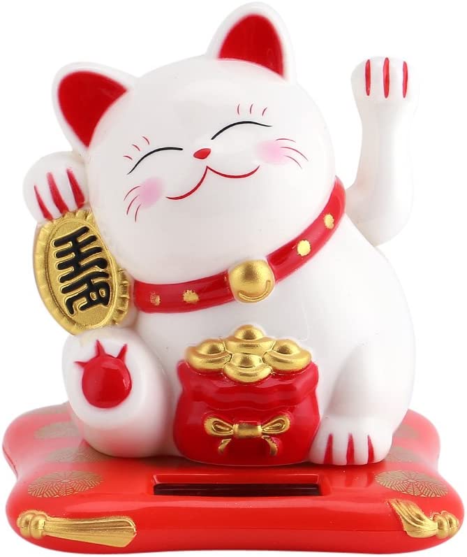 Photo 1 of Waving Cat, Solar Powered Cute Waving Cat Good Luck Wealth Welcoming Cats Home Display Car Decor Feng Shui Decoration (White)