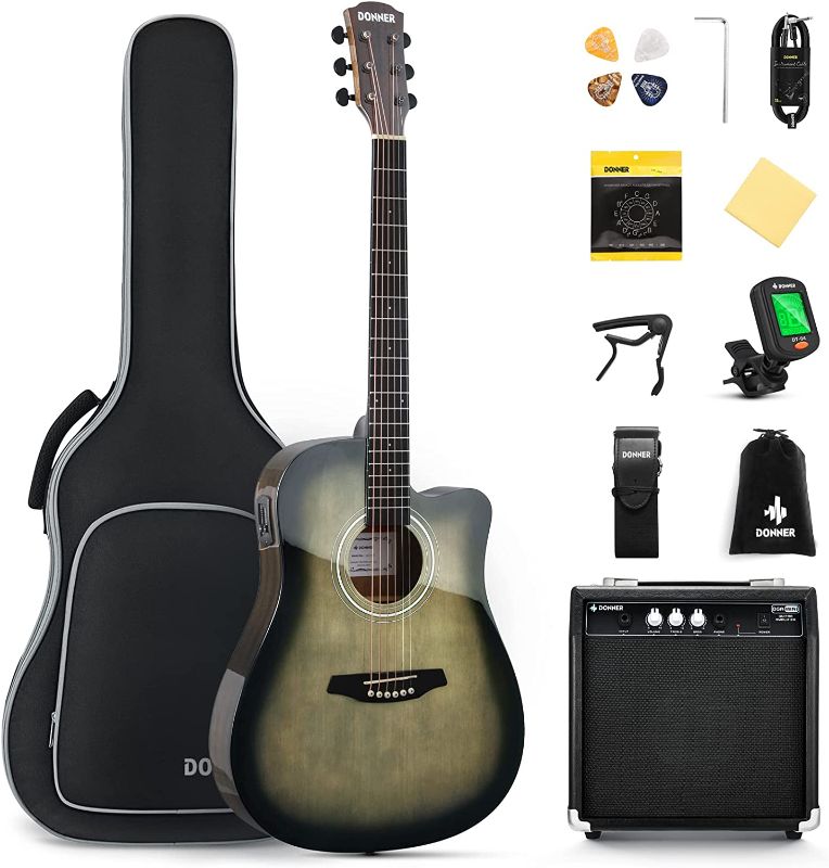 Photo 1 of Donner Full Size Acoustic Electric Guitar for Beginner Intermediate with Amplifier Capo Strap Pick Tuner 41 Inch Acustica Electro Guitarra Kit