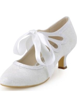 Photo 1 of ElegantPark Ivory Closed Toe Women Ribbon Tie Mid Lace Wedding Shoes size 8