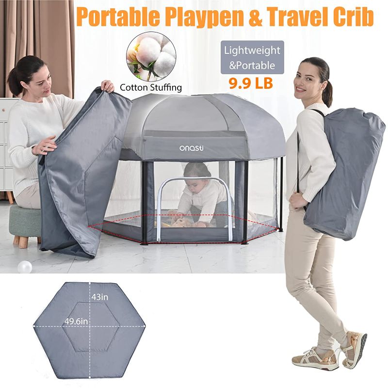 Photo 1 of Onasti Baby Playpen, Travel Bed Baby with Mattress and Parasol, Indoor and Outdoor Playpen for Babies and Toddlers for Beach/Home/Picnic, Compact, Foldable in Carry Bag