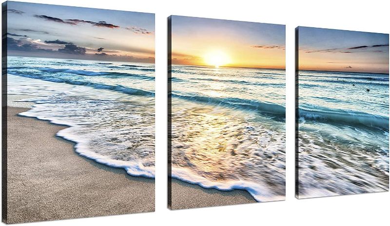 Photo 1 of 3 Panel Beach Canvas Wall Art for Home Decor Blue Sea Sunset White Beach Painting The Picture Print On Canvas Seascape The Pictures for Home Decor Decoration,Ready to Hang