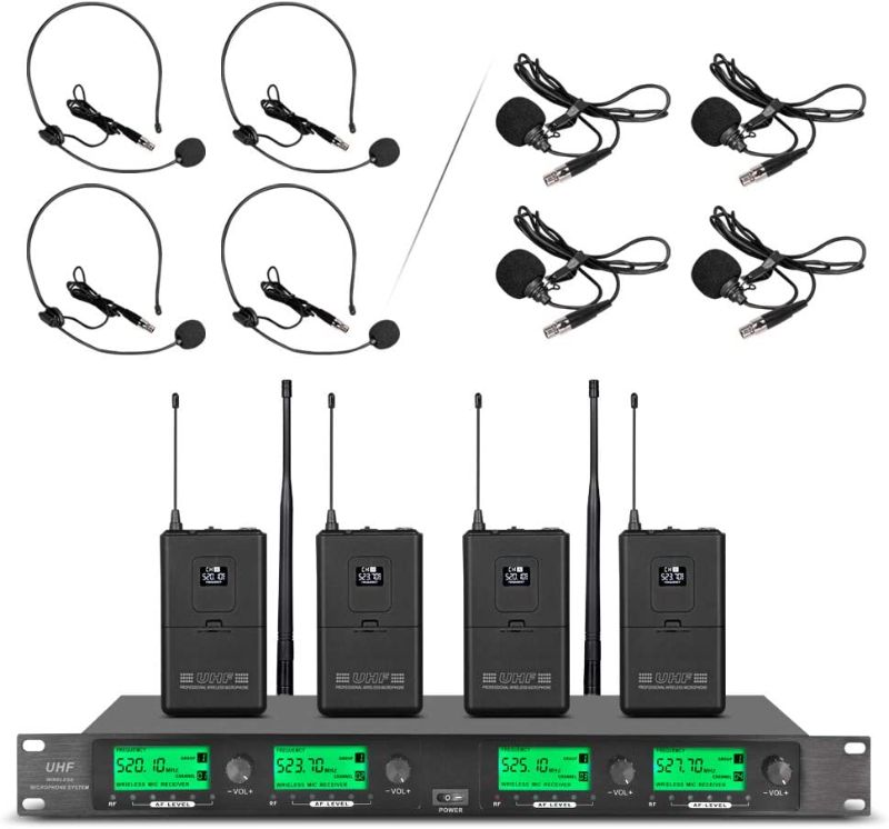 Photo 1 of Wireless Microphone System Pro UHF 4 Channel 4 Lavalier Bodypacks 4 Lapel Mic 4 Headsets for Karaoke System Church Speaking Conference Wedding Party