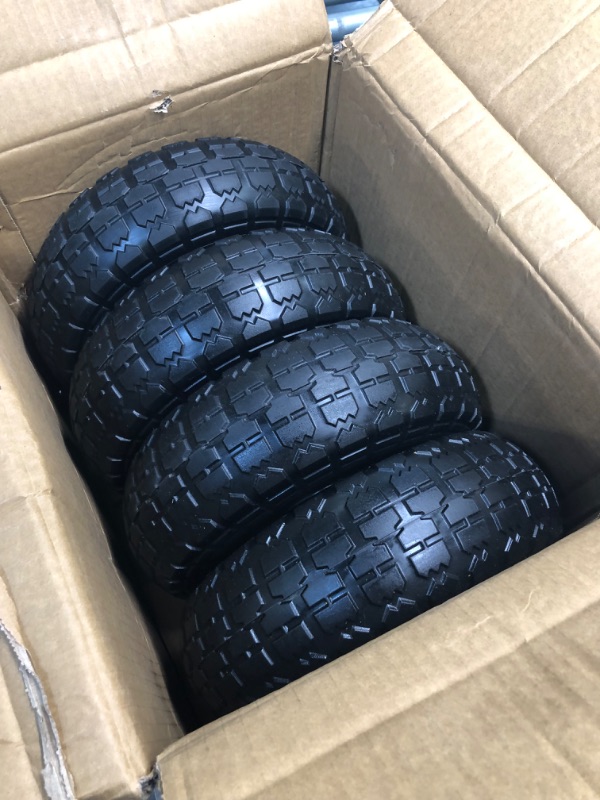 Photo 3 of 10" Flat Free Tires Solid Rubber Tyre Wheels?4.10/3.50-4 Air Less Tires Wheels with 5/8" Center Bearings?for Hand Truck/Trolley/Garden Utility Wagon Cart/Lawn Mower/Wheelbarrow/Generator?4 Pack, Black 12.4 Pounds Black