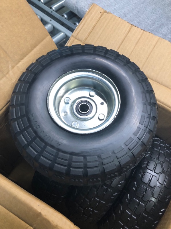 Photo 4 of 10" Flat Free Tires Solid Rubber Tyre Wheels?4.10/3.50-4 Air Less Tires Wheels with 5/8" Center Bearings?for Hand Truck/Trolley/Garden Utility Wagon Cart/Lawn Mower/Wheelbarrow/Generator?4 Pack, Black 12.4 Pounds Black
