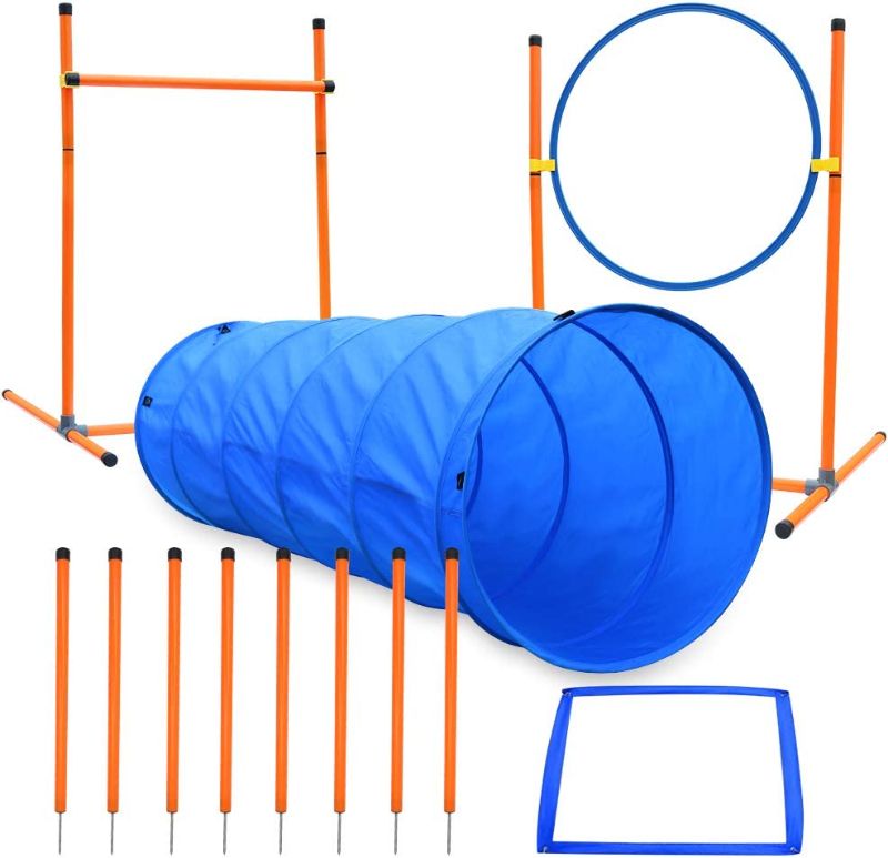 Photo 1 of  Dog Agility Course Equipments, Obstacle Agility Training Starter Kit for Doggie, Pet Outdoor Games - Dog Tunnels, 8 Piece Weave Poles, Jumping Ring, High Jumps, Pause Box