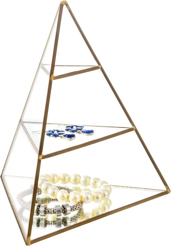 Photo 1 of 3-Tier Glass Pyramid Jewelry Display Case with Vintage Brass Tone Metal Frame
