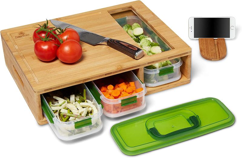 Photo 1 of Bamboo Cutting Board with Drawers, 3 Food Storage with Air-Tight Lid Fully Stackable, Large Chopping Board with Juice Grooves, & Food Sliding Opening for Easy meal prep, and Kitchen Space Saver