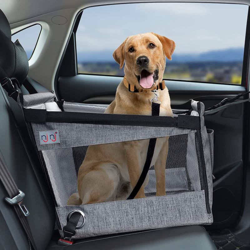 Photo 1 of Dog Car Seat for Pet Travel with Waterproof Pad, Harness Hook, Breathable Mesh, and Adjustable Backseat Safety Belt, Protective Bucket Booster, Small, Medium, Large Breeds (Grey