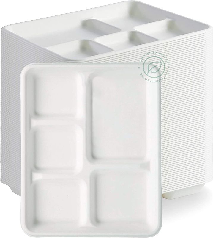 Photo 1 of 
[125 Pack] 5 Compartment Trays, 100% Compostable Paper Plate tray, School Bagasse Lunch trays, Buffet, and Party, Disposable trays with 5 compartment, Biodegradable

