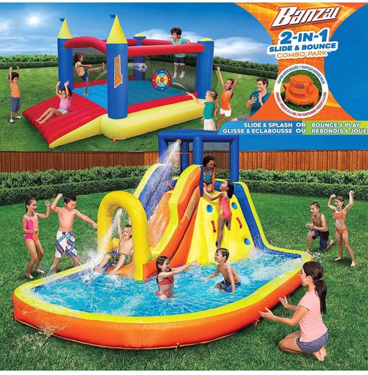 Photo 1 of 4.0 4.0 out of 5 stars 131 Reviews
BANZAI Inflatable 13' Water Slide Plus 12' Bounce House 2 for 1 Value Pack w Free Air Blower- Each Inflates in Under 2min- Heavy Duty Kids Adventure Park Pool with Sprinkler 12’x9 XL Bouncy Castle