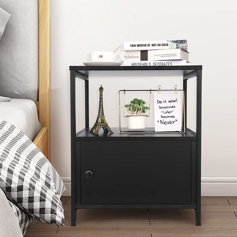 Photo 1 of Farexon Wooden Nightstand, Industrial Modern Bedside Table with Storage Cabinet, Farmhouse Accent End Side Table with Open Shelves for Bedroom and Living Room (Black)
