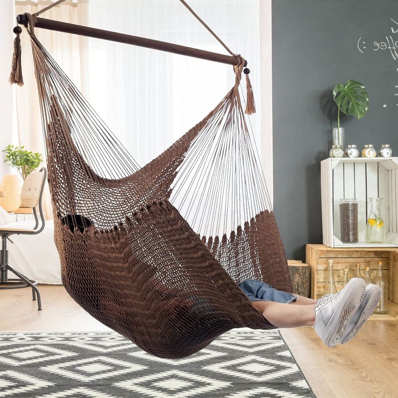 Photo 1 of Best Sunshine Large Caribbean Hammock Hanging Chair with Footrest, Large Hammock Net Chair, Polyester (Brown)
