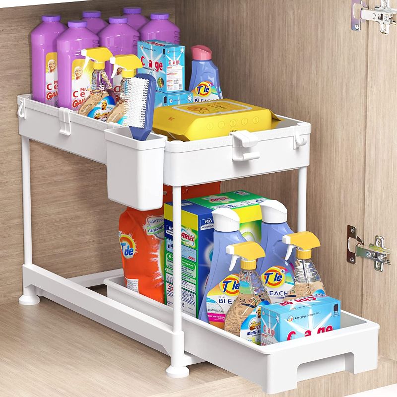 Photo 1 of SPACEKEEPER Under Sink Organizer, Sliding Cabinet Basket Organizer 2 Tier Under Bathroom Storage Rack with Hooks, Hanging Cup, Dividers, Multi-purpose Storage Shelf for Bathroom Kitchen, White
