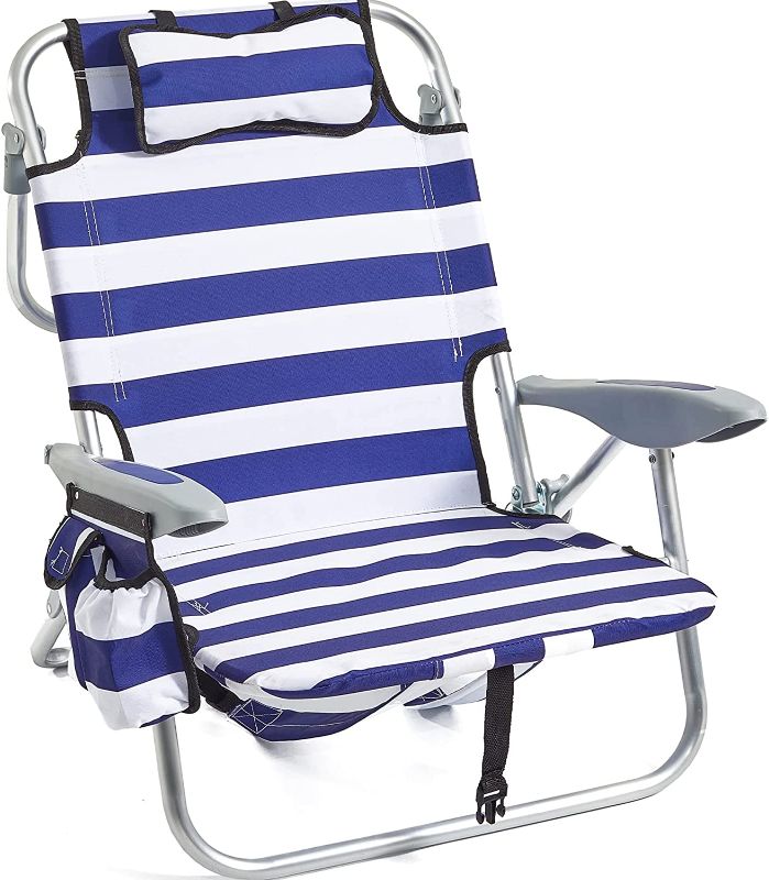 Photo 1 of Canpsky Portable Beach Chair for Adults, 4 Position Backpack Folding Camping Chairs for Outdoor, Beach Chairs with Backpack Straps, Blue / White / RED
