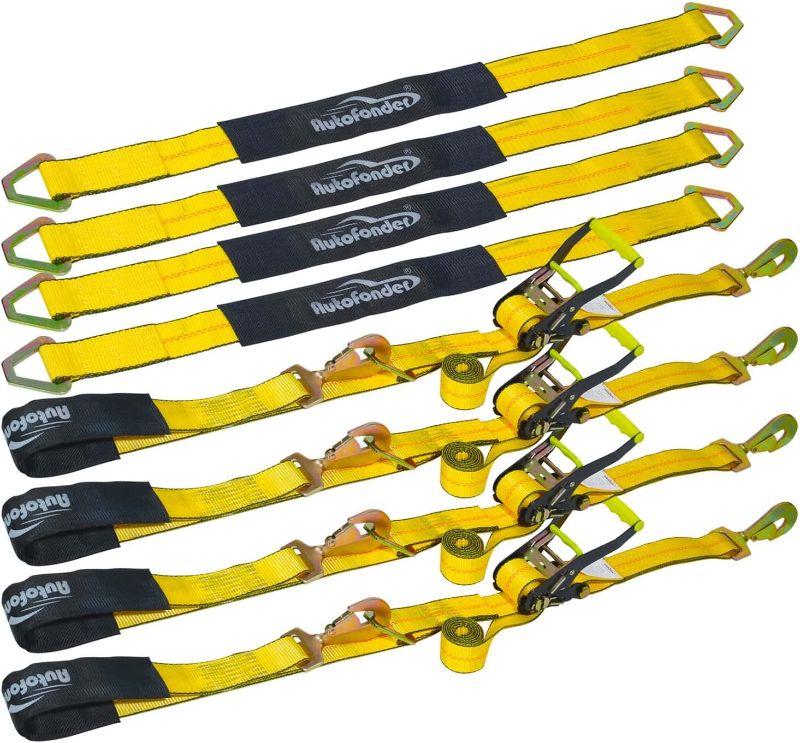 Photo 1 of Autofonder 4 Pack 2” Heavy Duty Car Ratchet Tie Down Kit with Snap Hooks-Break Strength 10,000lbs-Working Load 3,333lbs-Includes 36” Axle Straps with D-Ring(Yellow)
