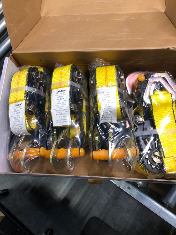 Photo 2 of Autofonder 4 Pack 2” Heavy Duty Car Ratchet Tie Down Kit with Snap Hooks-Break Strength 10,000lbs-Working Load 3,333lbs-Includes 36” Axle Straps with D-Ring(Yellow)
