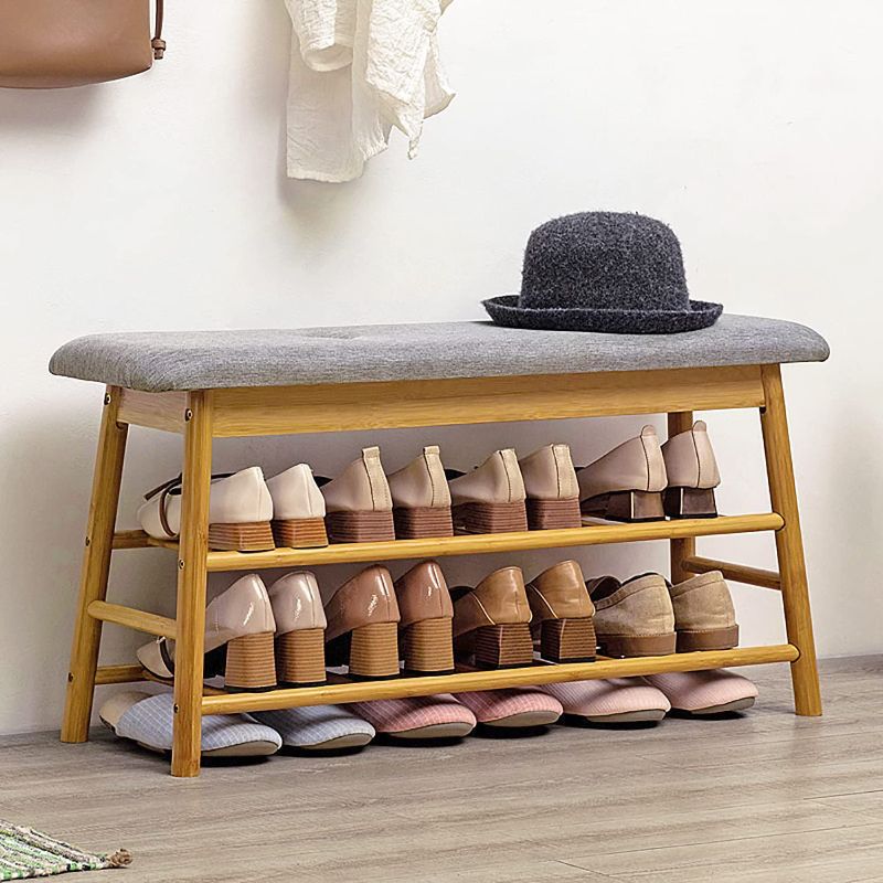 Photo 1 of IOTXY Shoe Rack Storage Bench - Bamboo Shoe Shelf with Cushioned Seat and Organizer Compartment, Upholstered Bench for Closet, Entryway, Hallway, Bedroom, 35.4"
