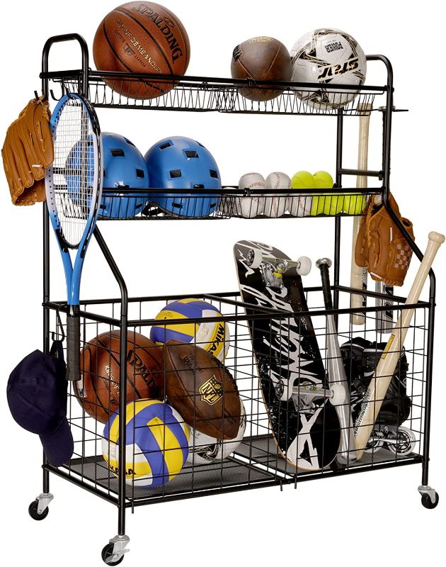 Photo 1 of Kinghouse Garage Sports Equipment Organizer, Sports Equipment Storage for Garage with Baskets and Hooks, Rolling Basketball Racks for Balls with Wheels, Outdoor Toy Storage
