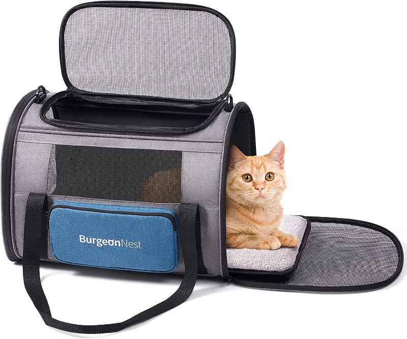 Photo 1 of BurgeonNest Cat Carrier for Large Cats 20 lbs,Medium Cats Under 25 lbs,2 Cats and Small Dogs with Unique Side Bag,Top Load Pet Carrier Soft-Sided Escape Proof with 4 Ventilated Windows
