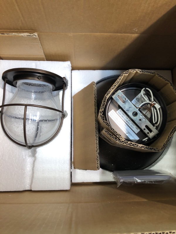Photo 1 of ALAISLYC Outdoor Ceiling Light Farmhouse Flush Mount Ceiling Lights Fixture Oil Rubbed Bronze,Metal Cage Seeded Glass Semi Entry Hall Light Fixtures