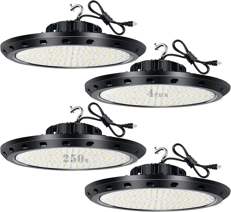 Photo 1 of bulbeats 250W LED High Bay Light 35000lm (Eqv.1000W MH/HPS) High Bay LED Light, 5000K Daylight UFO High Bay Lights with US Plug for Commercial Warehouse,Energy Saving Upto 1840KW*4/Y(5Hrs/Day)- 4Pack
