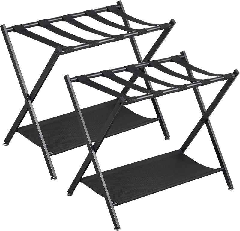 Photo 1 of ELYKEN Luggage Rack for Guest Room, 2 Pack Folding Suitcase Stand with Storage Shelf, Heavy Duty Steel Frame, Max Load 154 LBS, Easily Assemble Luggage Holder for Bedroom Hotel, Black
