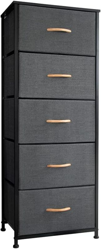 Photo 1 of Crestlive Products Vertical Dresser Storage Tower - Sturdy Steel Frame, Wood Top, Easy Pull Fabric Bins, Wood Handles - Organizer Unit for Bedroom, Hallway, Entryway, Closets - 5 Drawers (Gray)
