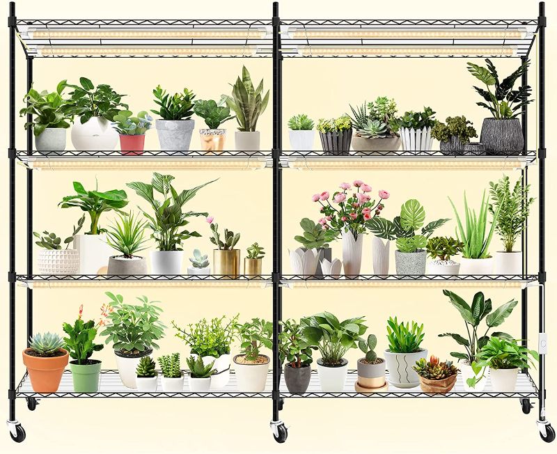 Photo 1 of Bstrip Plant Shelf with Grow Light, 4-Tier Large Grow Light Shelf with Adjustable Rack and Wheels, Stainless Steel, 12-Pack 288W T8 Full Spectrum Grow Lights for Seed Starting, Growing, Flowering
