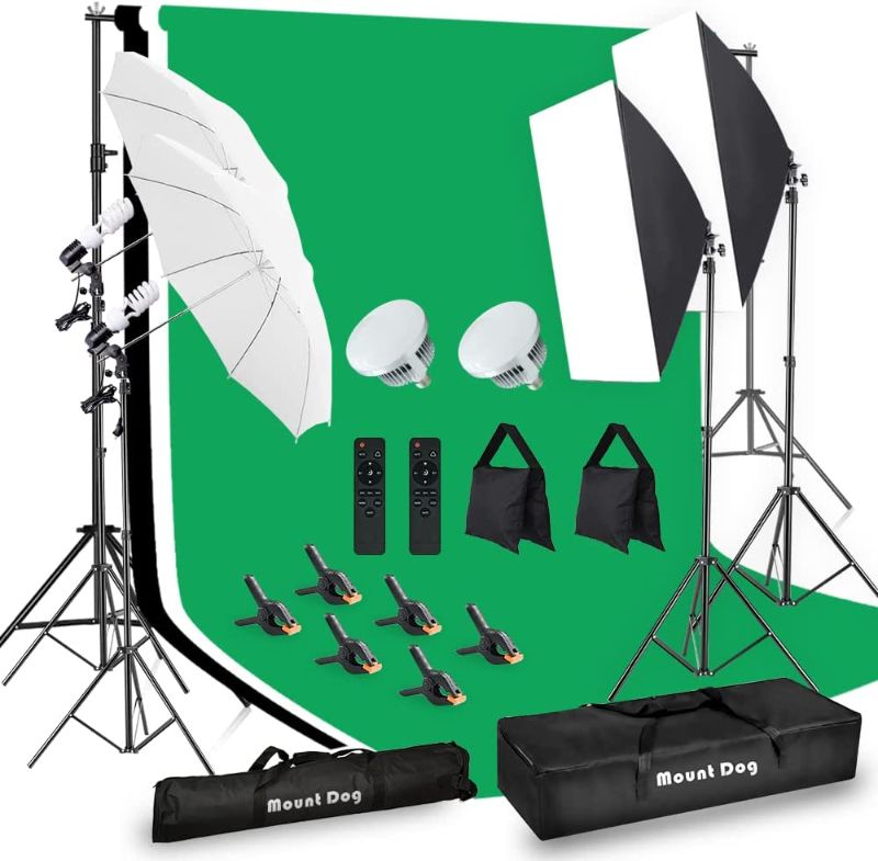 Photo 1 of [Upgraded LED Bulb] MOUNTDOG Photography Lighting Kit, 6.6X 10ft Backdrop Stand System and 900W 6400K LED Bulbs Softbox and Umbrellas Continuous Lighting Kit for Photo Video Shooting
